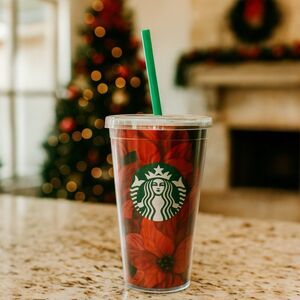 Starbucks Tumbler Holiday Poinsettia‎ Cold Cup 16oz Red Green Christmas Reusable